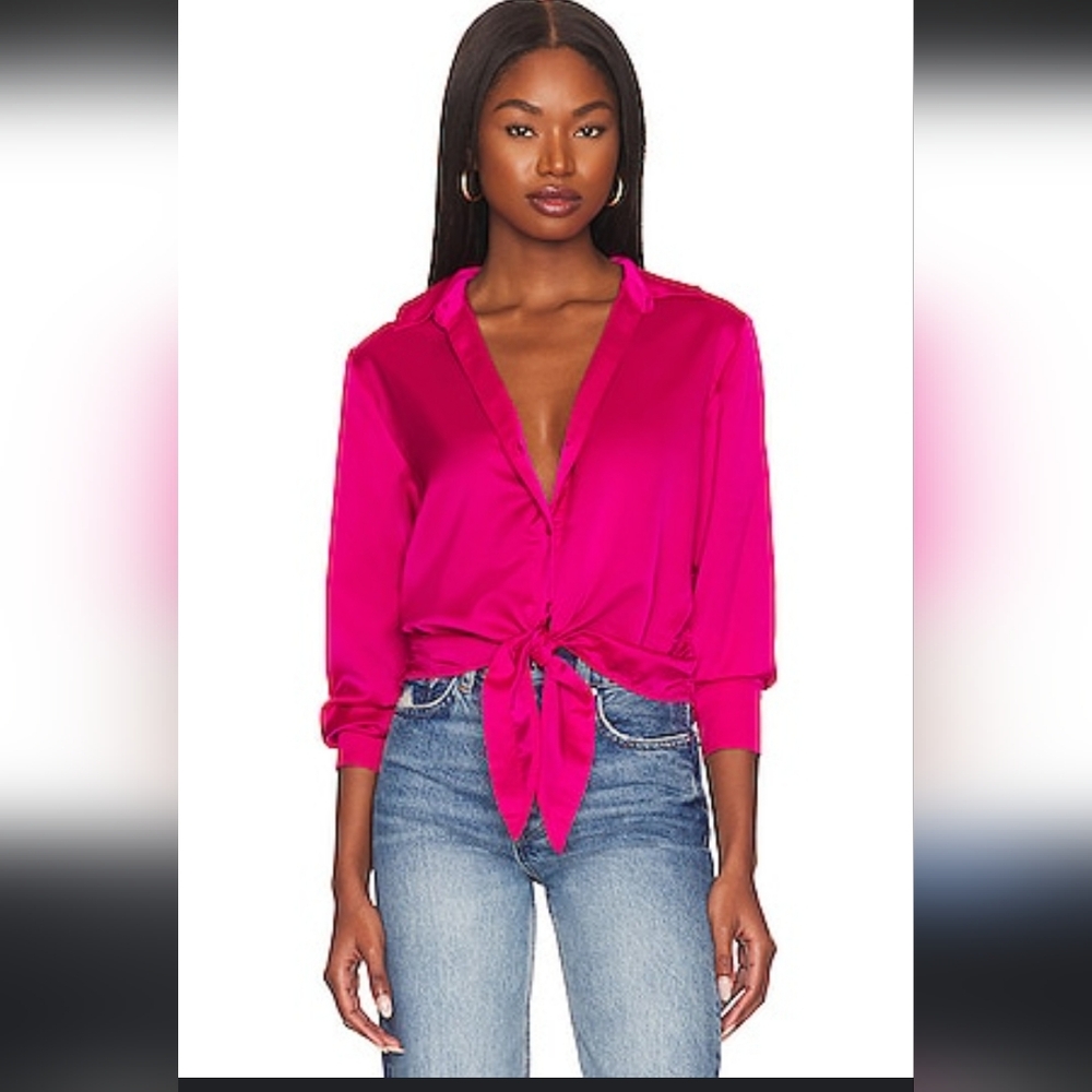 Sanctuary Satin Lover Tie Shirt Power Pink Sz S NWT